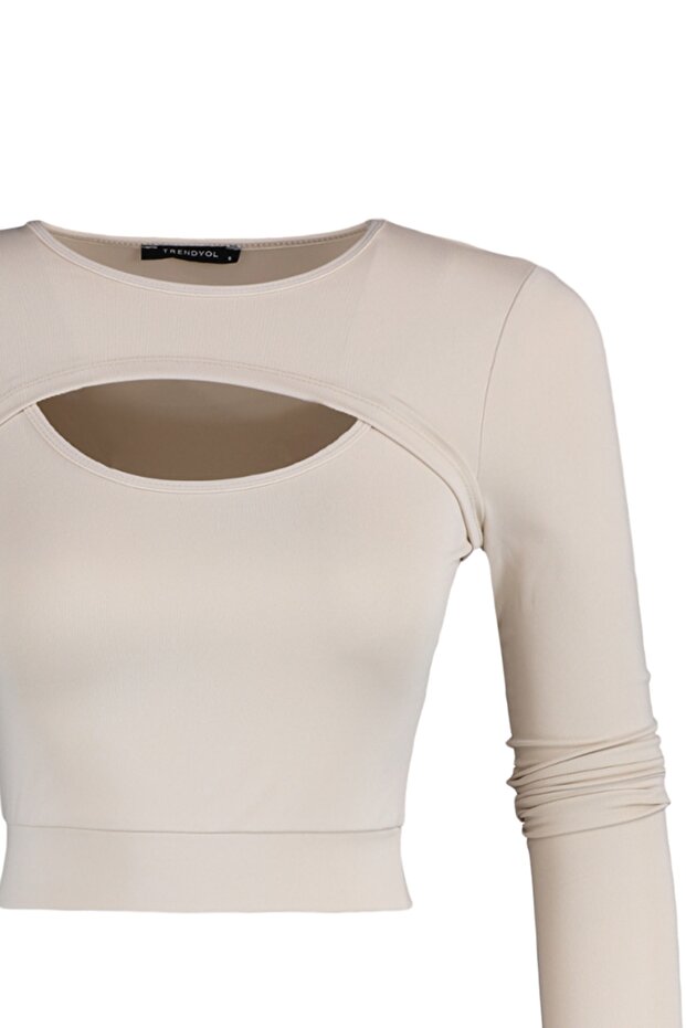 Taş Crop Pencere/Cut Out ve Baş Parmak Delik Detaylı Örme Spor Üst/Bluz TWOAW22BZ0481 - 7