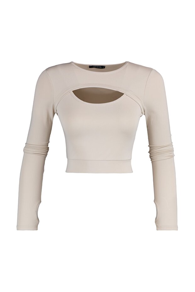 Taş Crop Pencere/Cut Out ve Baş Parmak Delik Detaylı Örme Spor Üst/Bluz TWOAW22BZ0481 - 6