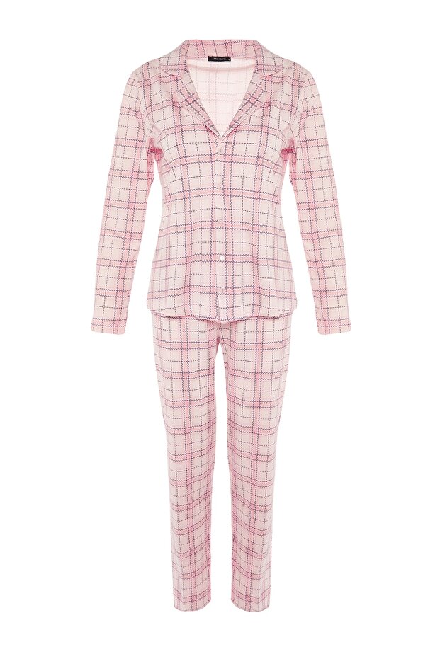 Pembe %100 Pamuklu Ekoseli Örme Pijama Takımı THMAW20PT0266 - 7