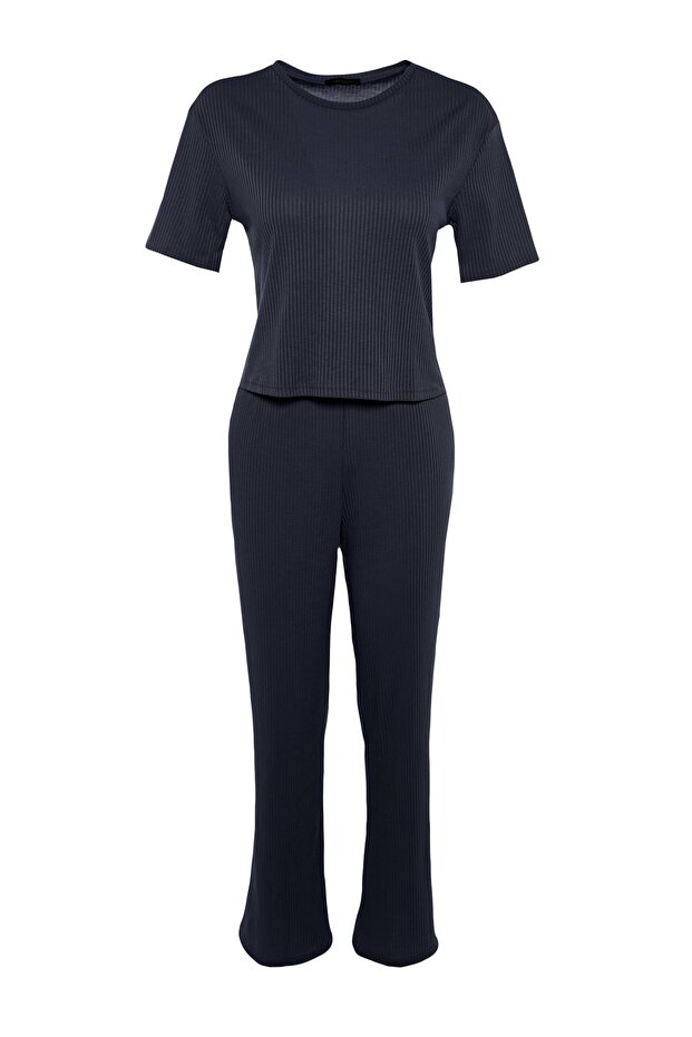 Lacivert Slogan Baskılı Lastik Detaylı Fitilli T-shirt-Pantolon Örme Pijama THMSS21PT1016 - 7