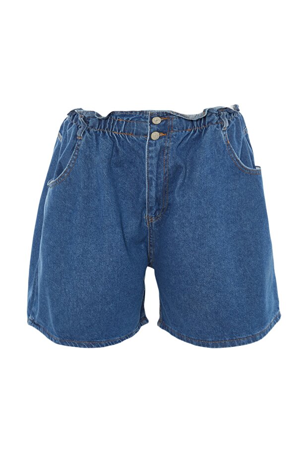 Mavi Lastikli Yüksek Bel Geniş Kesim %100 Pamuk Non-Stretch Büyük Beden Denim Şort TBBSS22JE00015 - 7