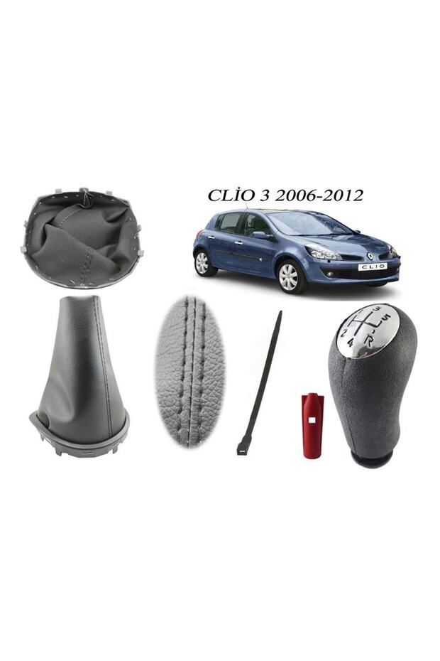 Renault Clio 3 Gear Bellows + Gear Knob Black Stitching + Leather Knob Chrome Cover