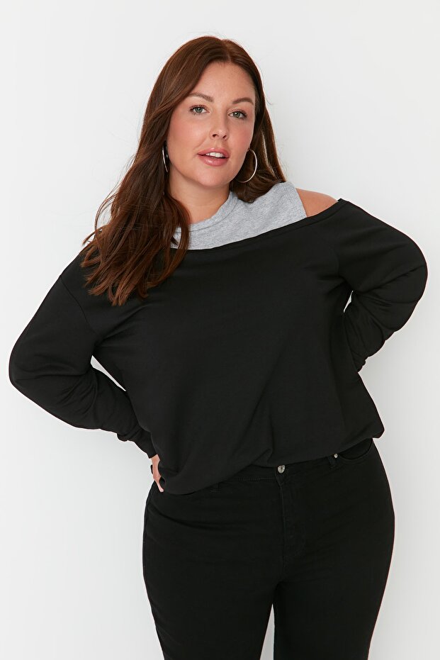 Siyah Bisiklet Yaka Omuz Detaylı İnce Örme Büyük Beden Sweatshirt TBBAW23AO00020 - 8