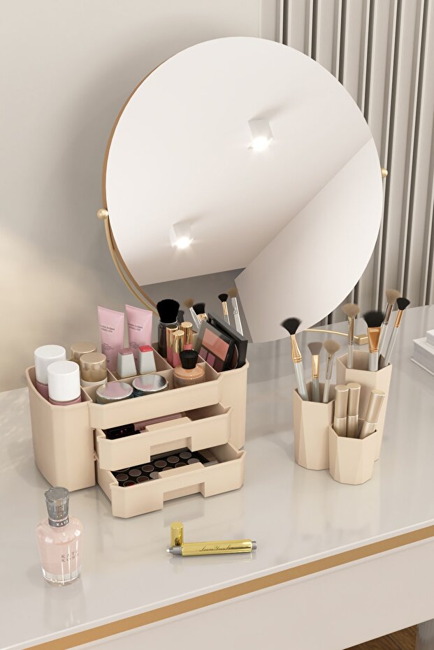 Makeup Organizer And Cosmetic Storage Box Organizer Set of 2 Cream
