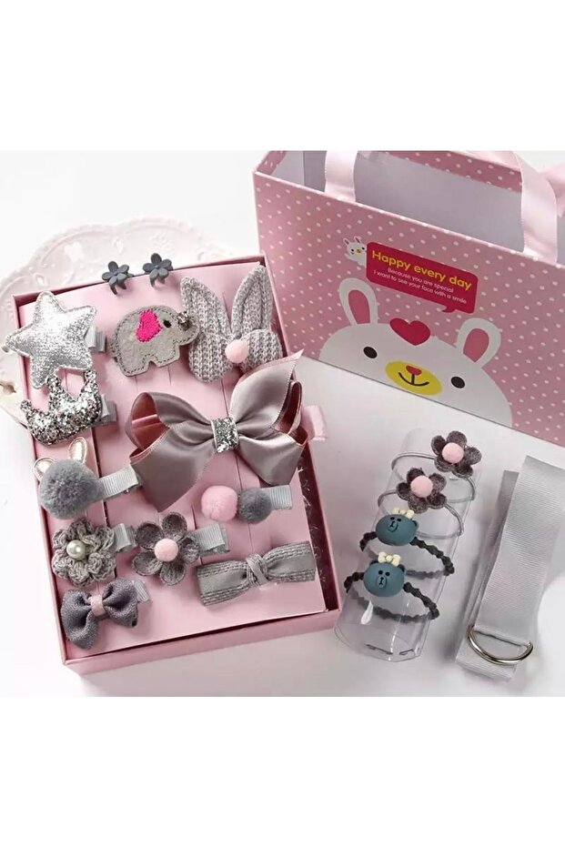 18 Pieces Bag Boxed Luxury Baby Kids Buckle Strap Set Rubber Collet Bow Glitter Gray