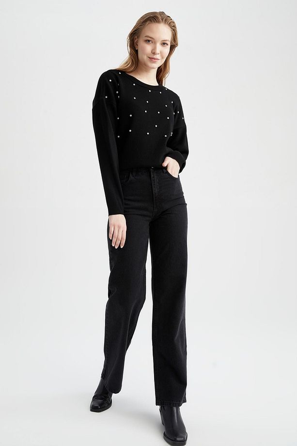 Regular Fit Bisiklet Yaka Taşlı Kazak - 3
