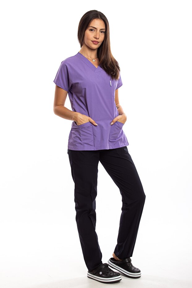 Lilac Top Black Bottom Surgical Doctor Nurse Uniform Scrubs Suit