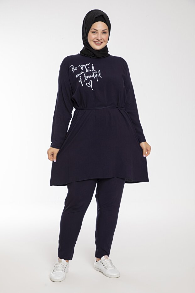 Kadın Baskılı Lacivert Renk Dokuma Viskon Büyük Beden Tesettür Takım - 1