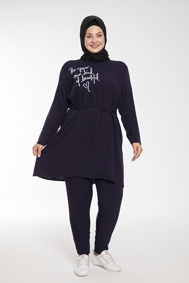 Kadın Baskılı Lacivert Renk Dokuma Viskon Büyük Beden Tesettür Takım - 3