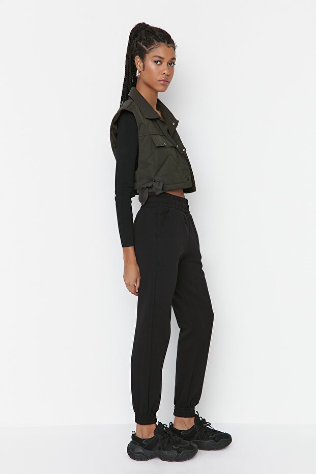 Black Basic Jogger Hrubé fleecové pletené tepláky TWOAW21EA0010 - 5
