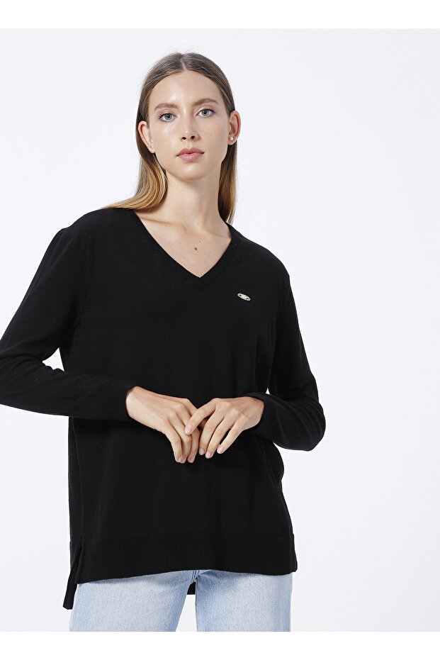 V-Neck Black Women's Sweater Orınav-sk22