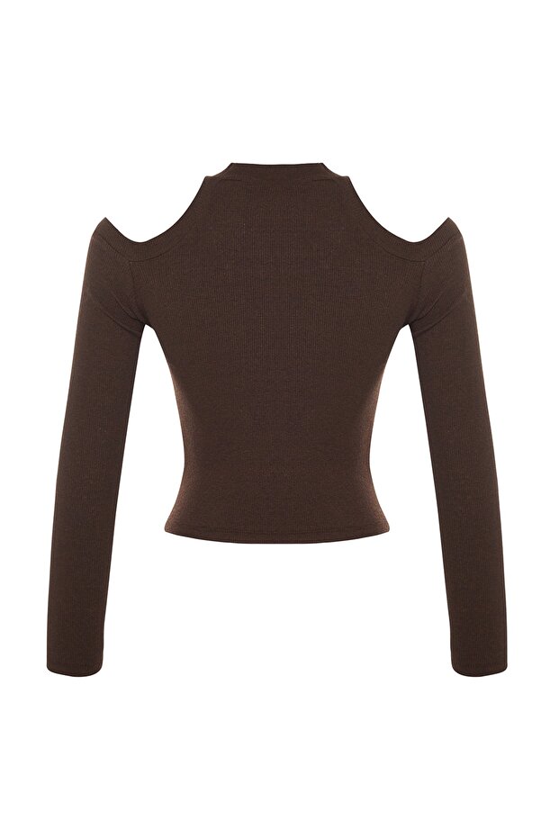 Kahverengi Carmen Yaka Choker Detaylı Fitted/Vücuda Oturan Crop Fitilli Örme Bluz TWOAW22BZ0531 - 7