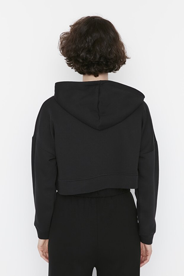 Siyah Basic Fermuarlı Kapüşonlu Crop Kalın İçi Polarlı Örme Sweatshirt TWOAW20SW0660 - 5