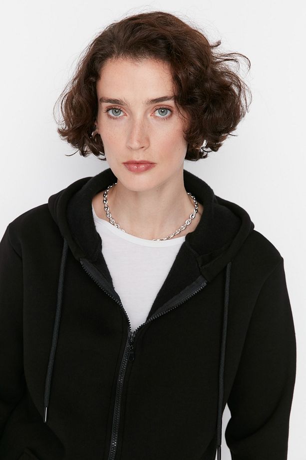 Siyah Kapüşonlu Oversize/Geniş Kalıp Fermuarlı Kapuşonlu Kalın İçi Polarlı Sweatshirt TWOAW21SW0840 - 10