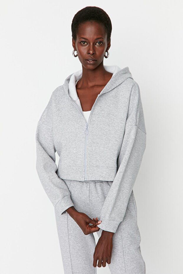 Gri Basic Fermuarlı Kapüşonlu Crop Kalın İçi Polarlı Örme Sweatshirt TWOAW20SW0660 - 1