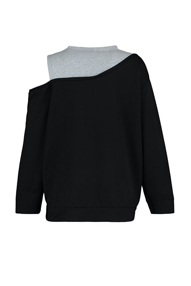 Siyah Bisiklet Yaka Omuz Detaylı İnce Örme Büyük Beden Sweatshirt TBBAW23AO00020 - 10