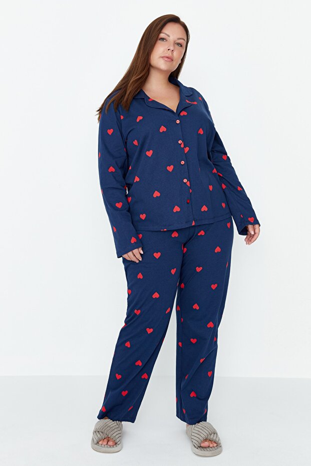 Lacivert Kalpli Gömlek Yaka Örme Pijama Takımı TBBAW23AI00019 - 1