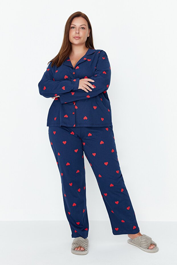 Lacivert Kalpli Gömlek Yaka Örme Pijama Takımı TBBAW23AI00019 - 2