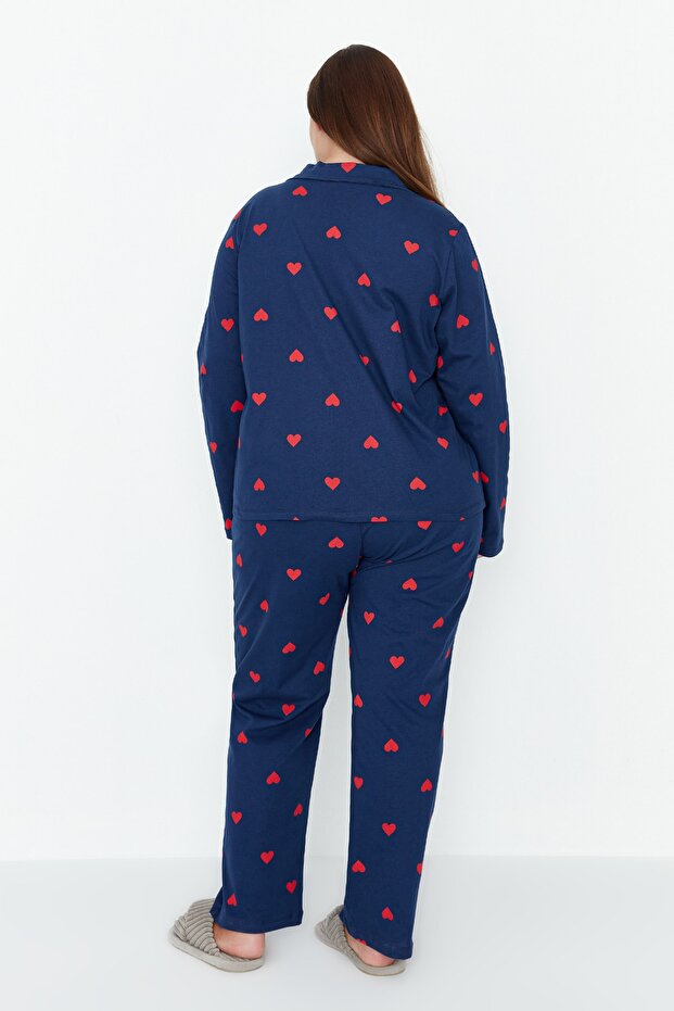 Lacivert Kalpli Gömlek Yaka Örme Pijama Takımı TBBAW23AI00019 - 5