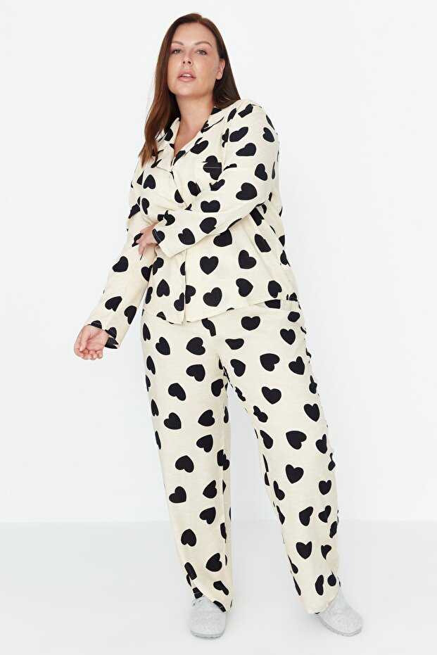 Zestaw piżam z kołnierzykiem koszuli w kształcie serca w kolorze ecru - TBBAW23AI00030 - 2