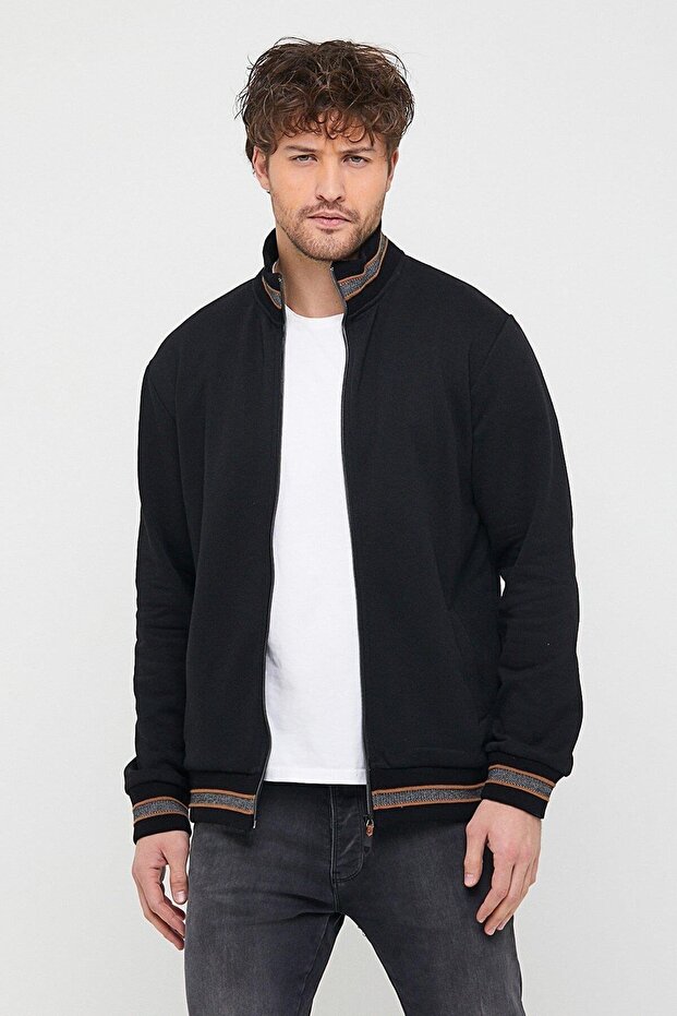 Men's Black Regular Fit Stand Collar Zippered Long Sleeve Cardigan