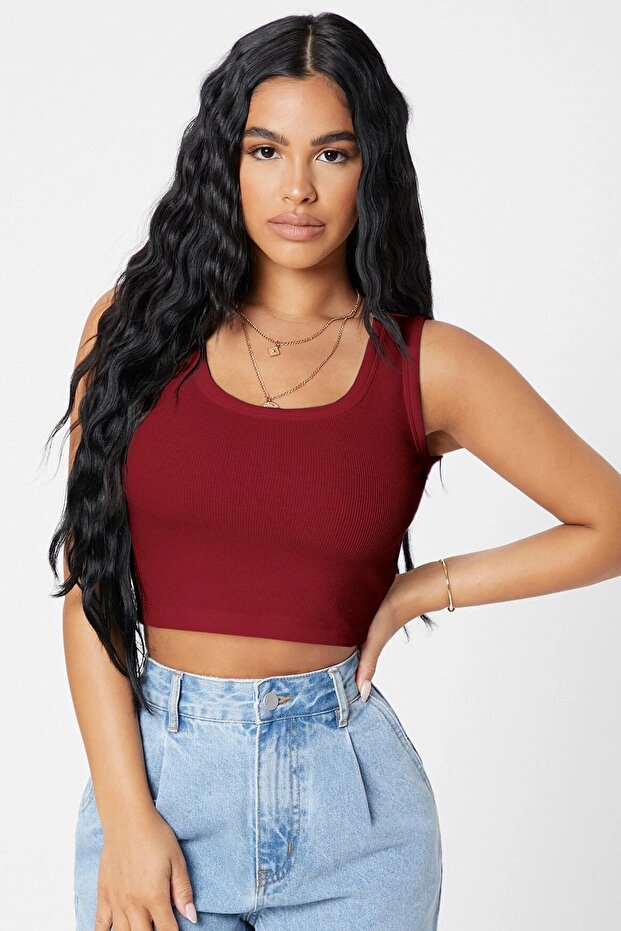 Kadın Bordo Kare Yaka Crop Top Bluz - 4