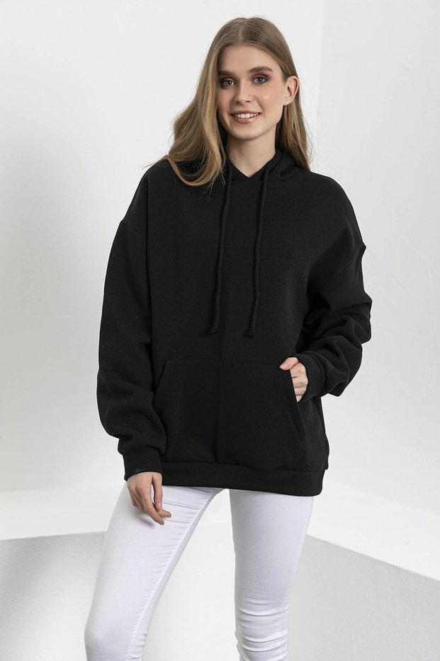 Black Plain Hooded Sweatshirt with Kangaroo Pocket