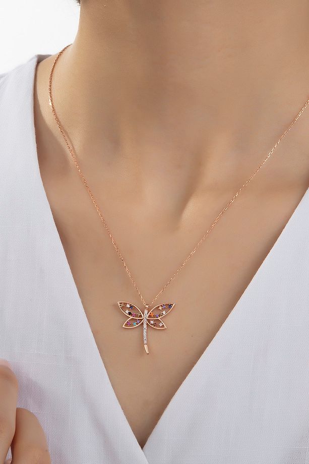 Kadın Orjinal 925 Ayar Gümüş Zirkon Taşlı Yusufçuk Kelebek Model Kolye - 2