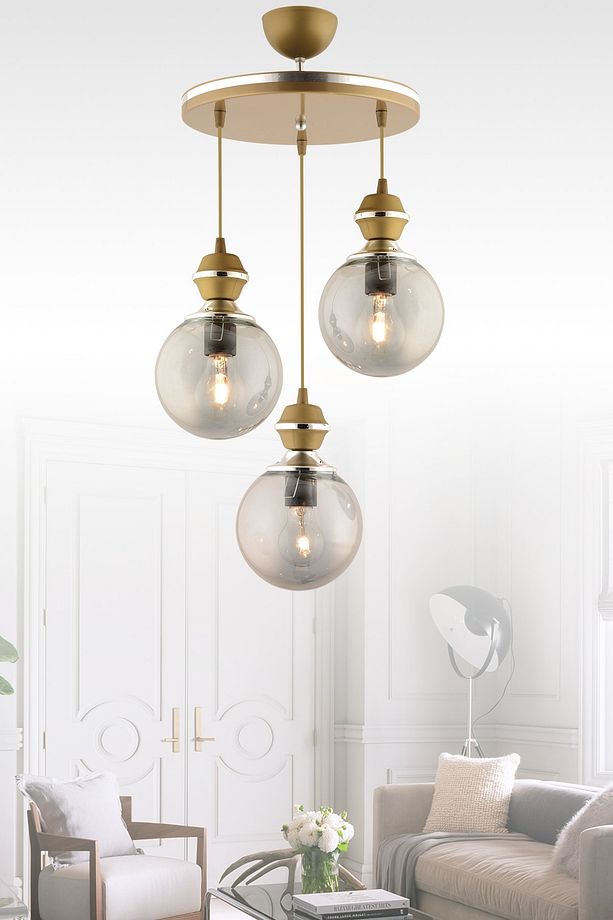 Berru 3 Lü Tepsi Eskitme Krom Yaldızlı Modern Glop Camlı Avize - 1