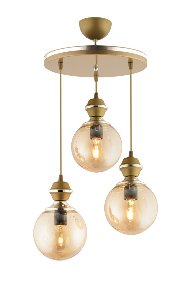 Berru 3 Lü Tepsi Eskitme Krom Yaldızlı Modern Glop Camlı Avize - 3