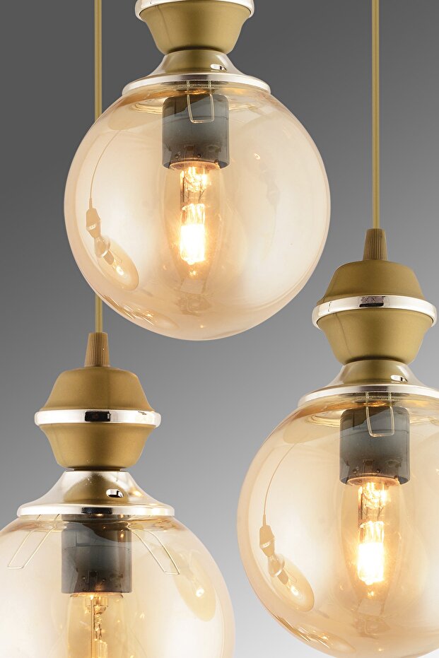 Berru 3 Lü Tepsi Eskitme Krom Yaldızlı Modern Glop Camlı Avize - 4
