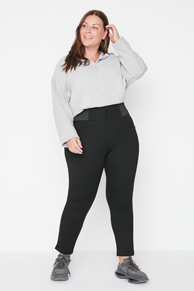 Siyah Beli Lastikli Skinny Örme Büyük Beden Pantolon TBBAW23AR00023 - 11
