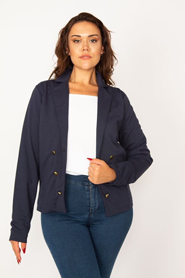 Women's Large Size Navy Blue Agraffiti Closure Ornamental Metal Button Lined Classic Jacket 65n34066 - 4
