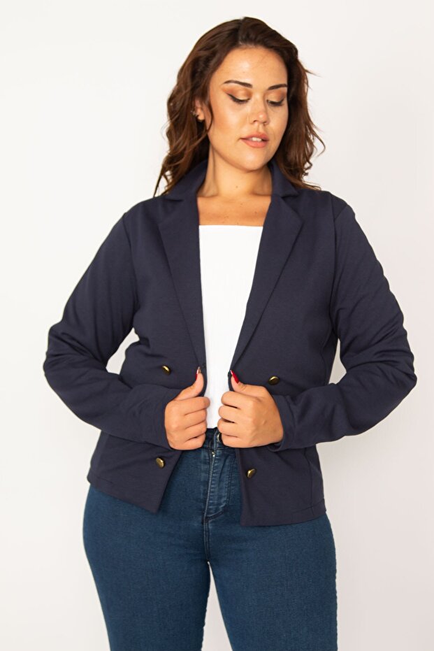 Women's Large Size Navy Blue Agraffiti Closure Ornamental Metal Button Lined Classic Jacket 65n34066 - 5