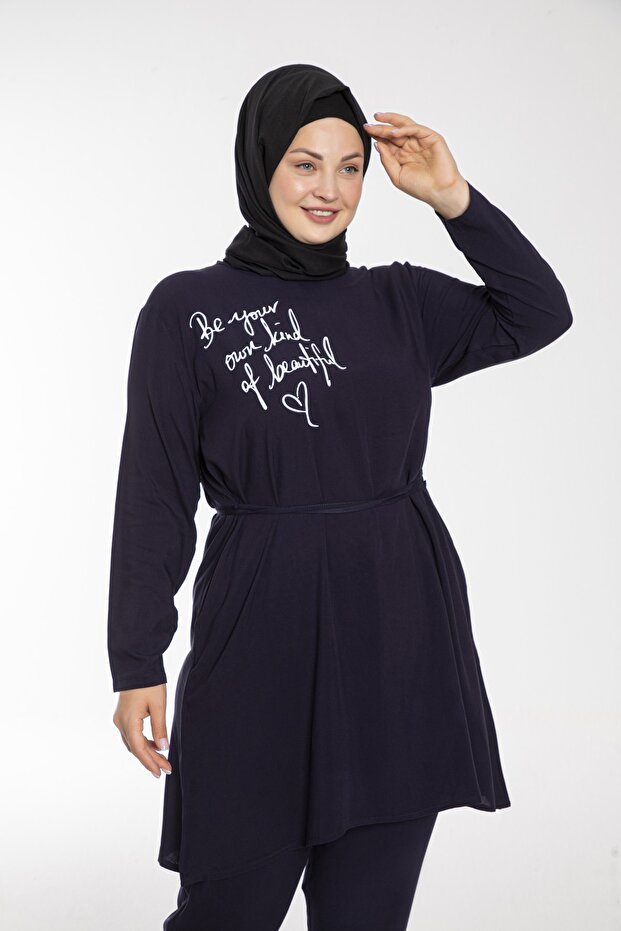 Kadın Baskılı Lacivert Renk Dokuma Viskon Büyük Beden Tesettür Takım - 5