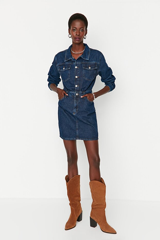 Mavi Cep Detaylı Mini Denim Gömlek Elbise TWOAW23EL00643 - 4