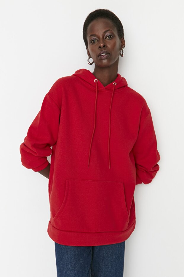 Κόκκινο χοντρό εσωτερικό φλις καγκουρό τσέπη με κουκούλα Boyfriend πλεκτό φούτερ TWOAW20SW0525 - 2