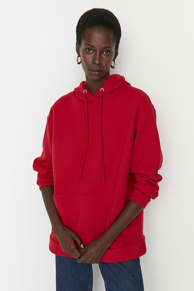 Κόκκινο χοντρό εσωτερικό φλις καγκουρό τσέπη με κουκούλα Boyfriend πλεκτό φούτερ TWOAW20SW0525 - 5