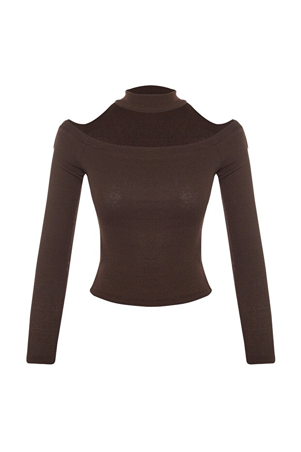 Kahverengi Carmen Yaka Choker Detaylı Fitted/Vücuda Oturan Crop Fitilli Örme Bluz TWOAW22BZ0531 - 6