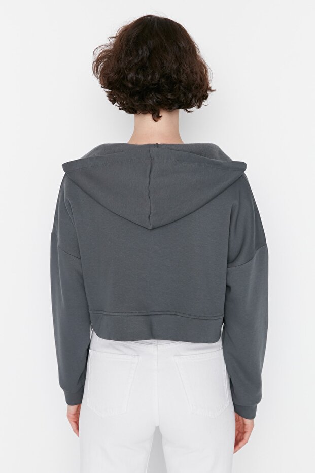 Antrasit Basic Fermuarlı Kapüşonlu Crop Kalın İçi Polarlı Örme Sweatshirt TWOAW20SW0660 - 5