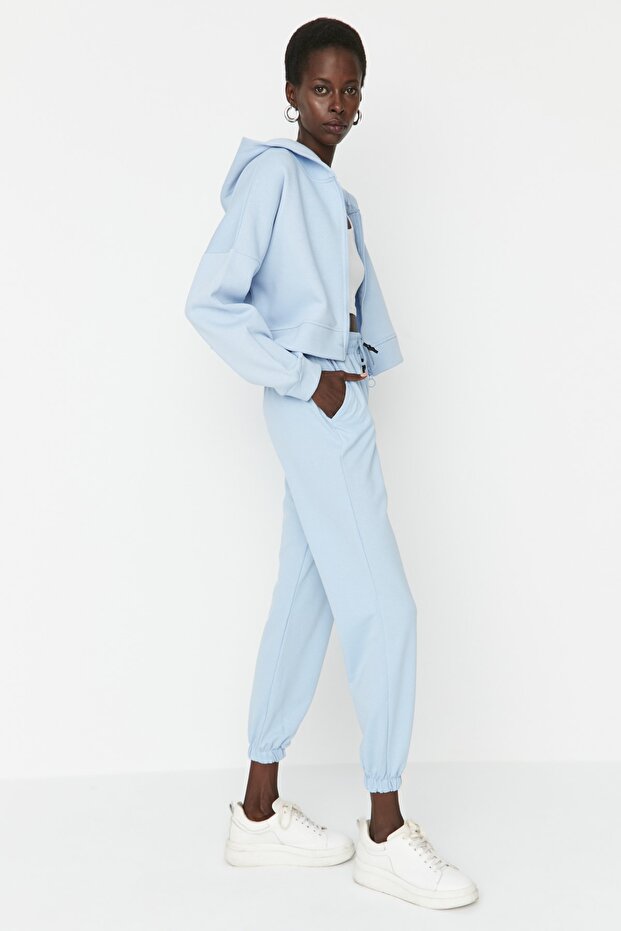 Hellblaue Basic Jogger-Strick-Jogginghose mit Taschen - 3