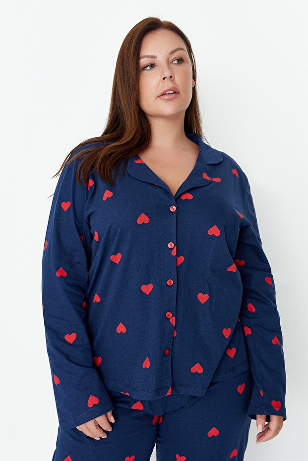 Lacivert Kalpli Gömlek Yaka Örme Pijama Takımı TBBAW23AI00019 - 3