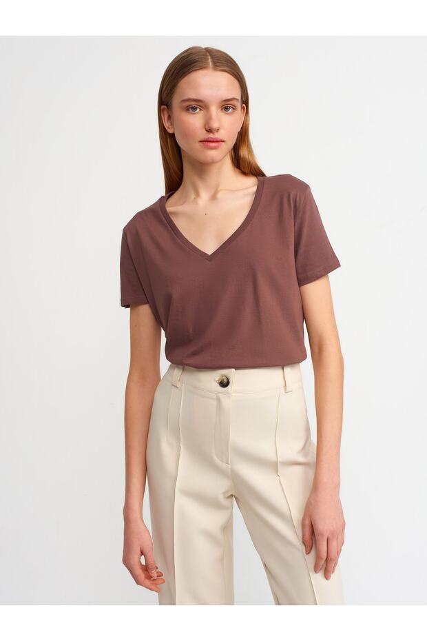 3470 V Yaka Basic T-shirt-k.kahve - 2