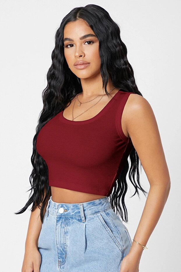 Kadın Bordo Kare Yaka Crop Top Bluz - 5