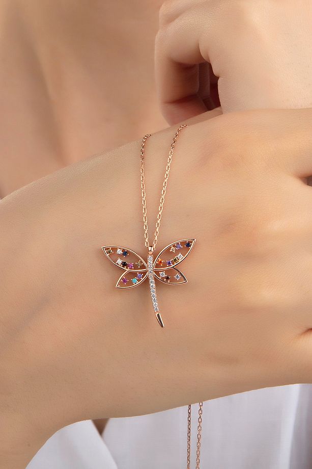 Kadın Orjinal 925 Ayar Gümüş Zirkon Taşlı Yusufçuk Kelebek Model Kolye - 1