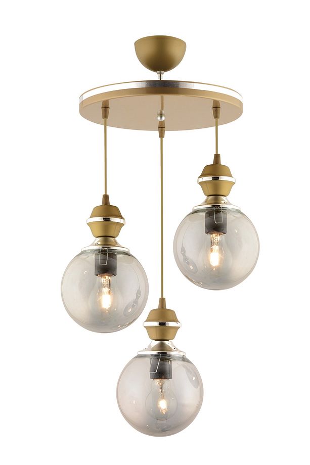Berru 3 Lü Tepsi Eskitme Krom Yaldızlı Modern Glop Camlı Avize - 3