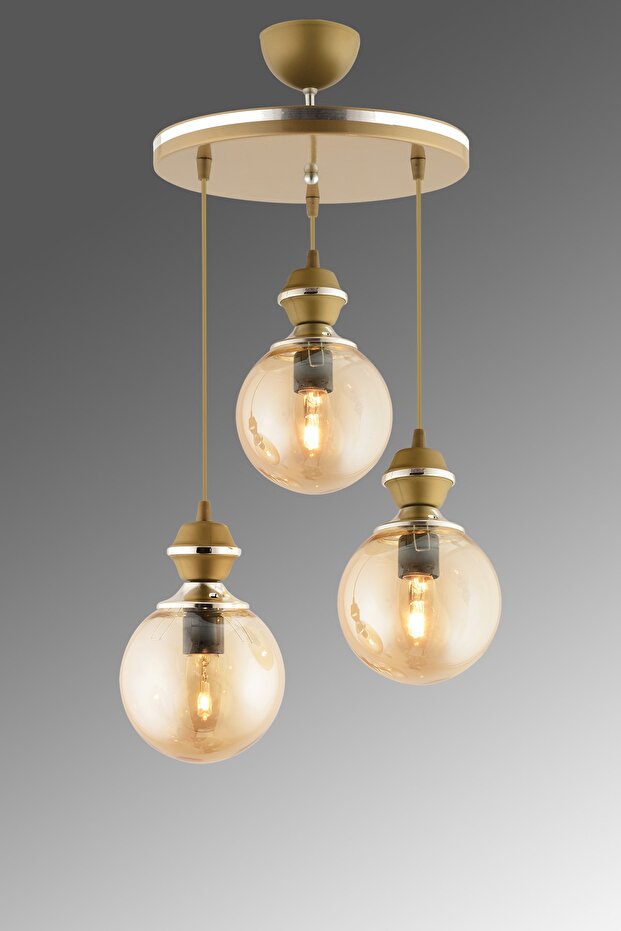 Berru 3 Lü Tepsi Eskitme Krom Yaldızlı Modern Glop Camlı Avize - 2