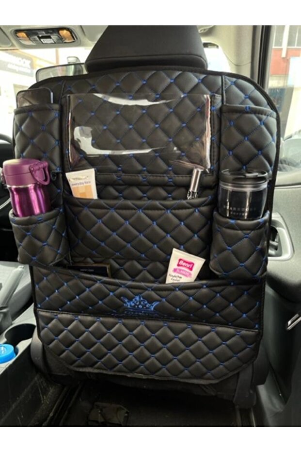 Car Seat Back Organizer / Protector / Organizer + 5 Years Warranty - Blue Stitched Black Quilted