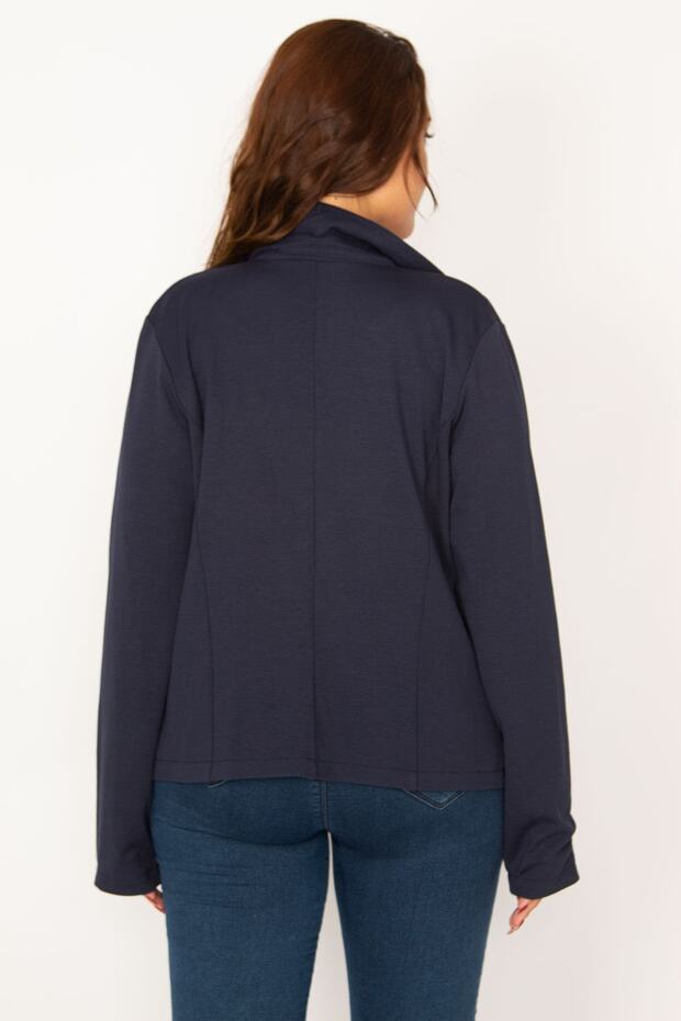 Women's Large Size Navy Blue Agraffiti Closure Ornamental Metal Button Lined Classic Jacket 65n34066 - 3