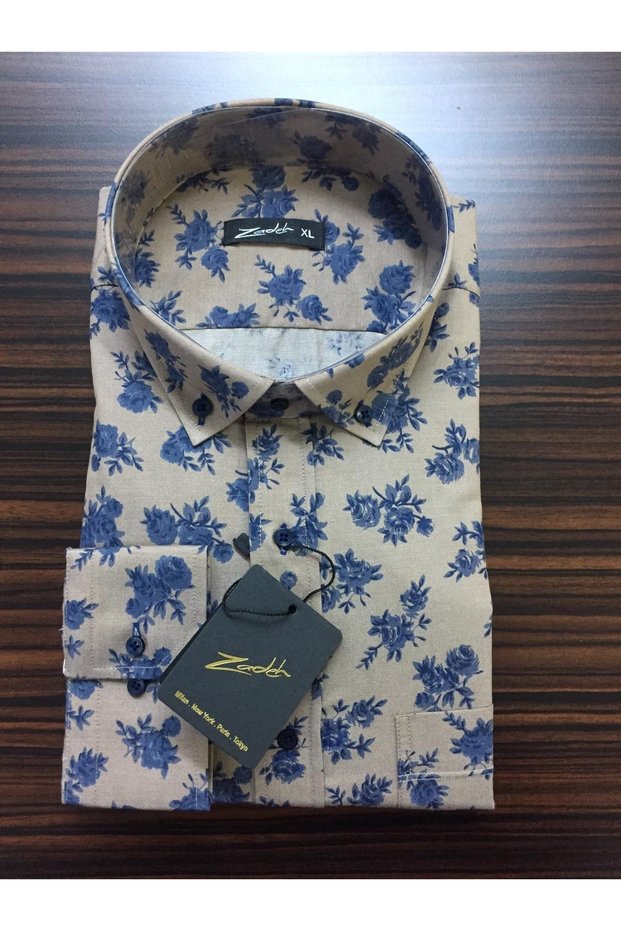 Pocketed Collar Buttoned Printed Classic Wide Cut 100% Cotton Shirt